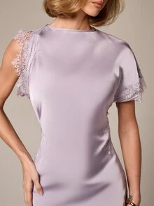Vestido mini asimétrico elegante con detalles de encaje de lavanda y mangas cortas para fiestas, eventos de noche, bodas y ocasiones especiales - Morado - Ver 6