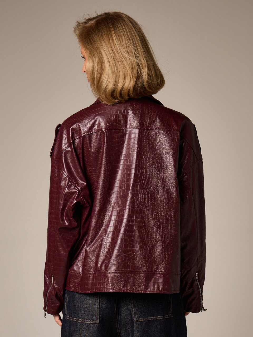 AiiRZ Burgundy Crocodile Embossed Leather Moto Jacket