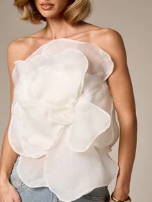 AiiRZ Áo quây không dây cho nữ, phối họa tiết hoa organza, kiểu dáng ngắn, thích hợp cho mùa hè, đi biển, dự tiệc, màu trắng mỏng nhẹ. - trắng - Xem 6