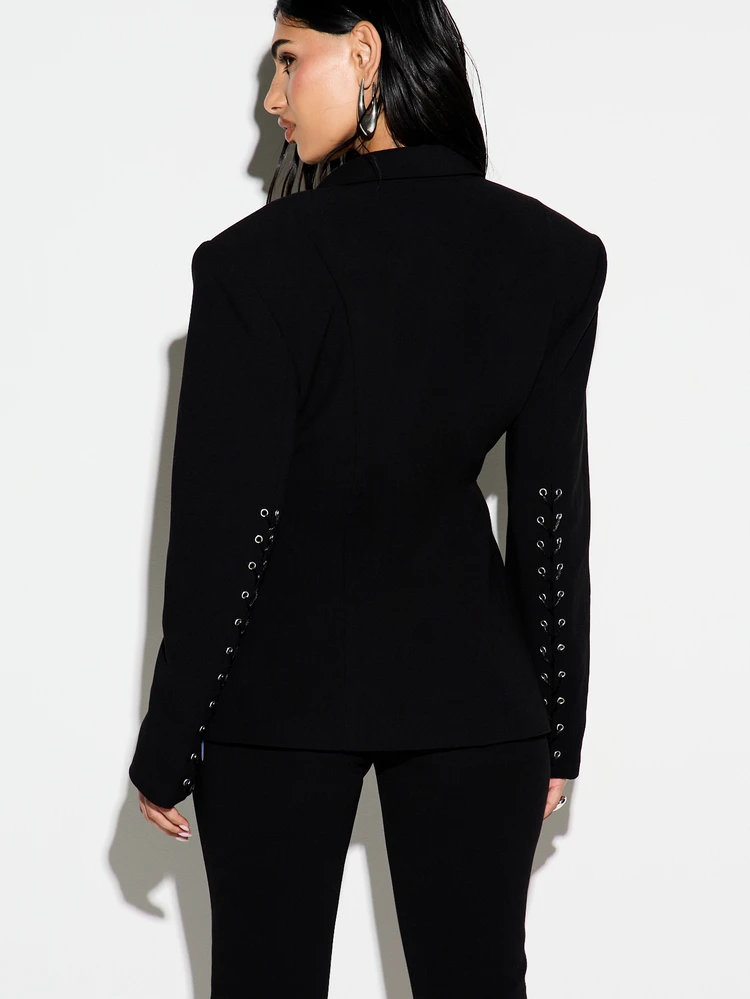 KIZN Lace-Up Sleeve Detail Structured Blazer