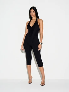 KIZN KZN2840 - HALTER NECK PAEL DETAIL CAPRI JUMPSUIT - Black - View 4