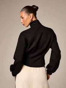 AiiRZ Women's Funnel Neck Half Zip Sweatshirt Cinched Hem Long Sleeve Pullover Winter Fall Casual Top - Black - View 2