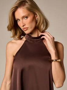 AiiRZ 女士蕾丝边饰露背无袖高领上衣，适合秋季时尚 - 巧克力棕 - 查看 5