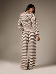 AiiRZ Textured Stripe Hooded Zip Up Jacket And Wide Leg Trouser Two Piece Lounge Set With Drawstring Hood Casual Fall Winter Comfort Wear - Multicolor - View 2