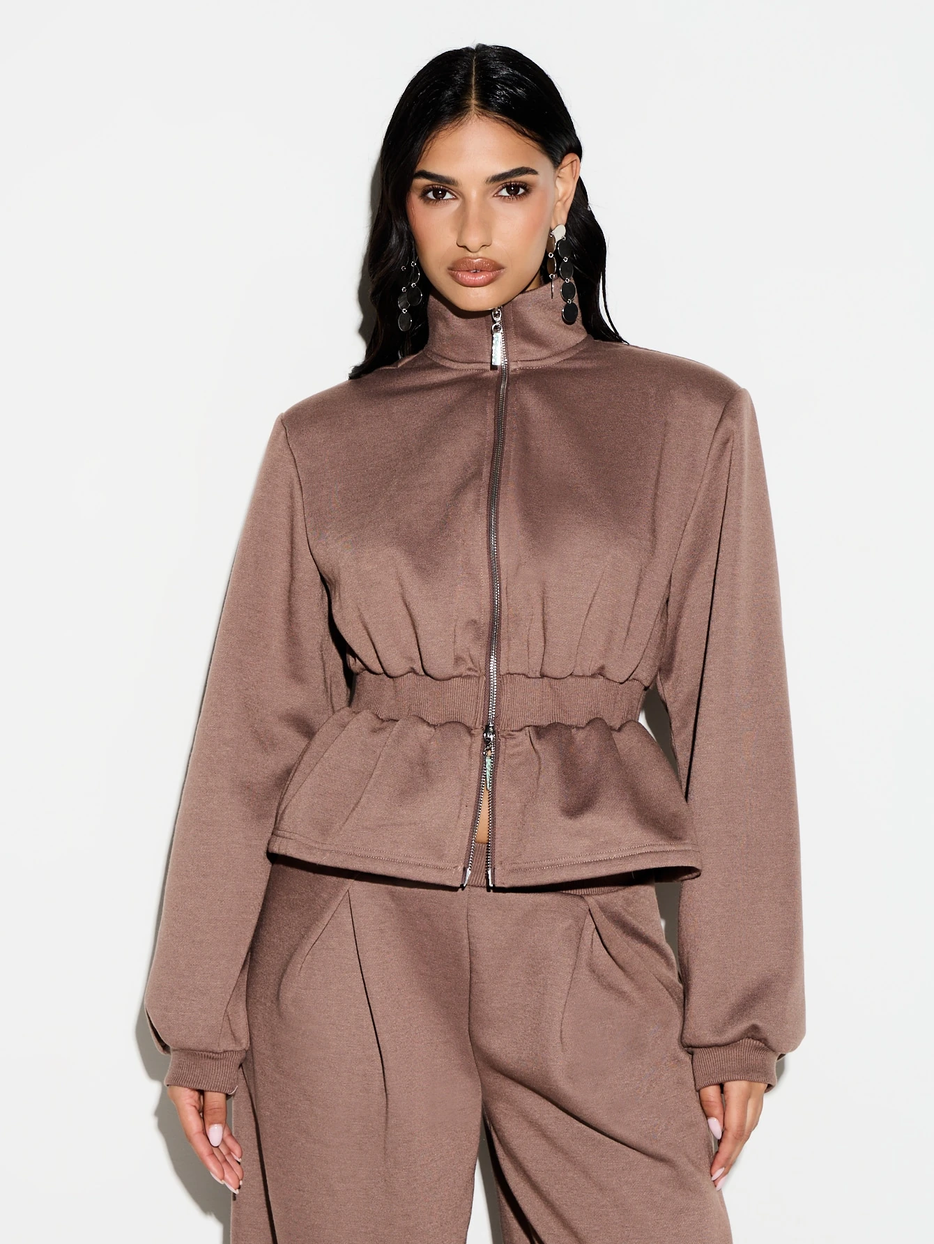 KIZN Zip Front Cinched Waist Sweatshirt