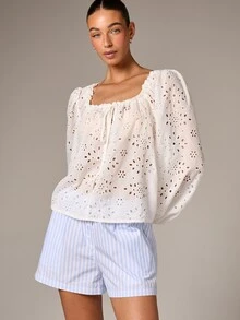 AiiRZ Blusa holgada de mujer con cuello cuadrado de ojal blanco, mangas globo largas y detalle de lazo delantero para primavera y verano - Blanco - Ver 1