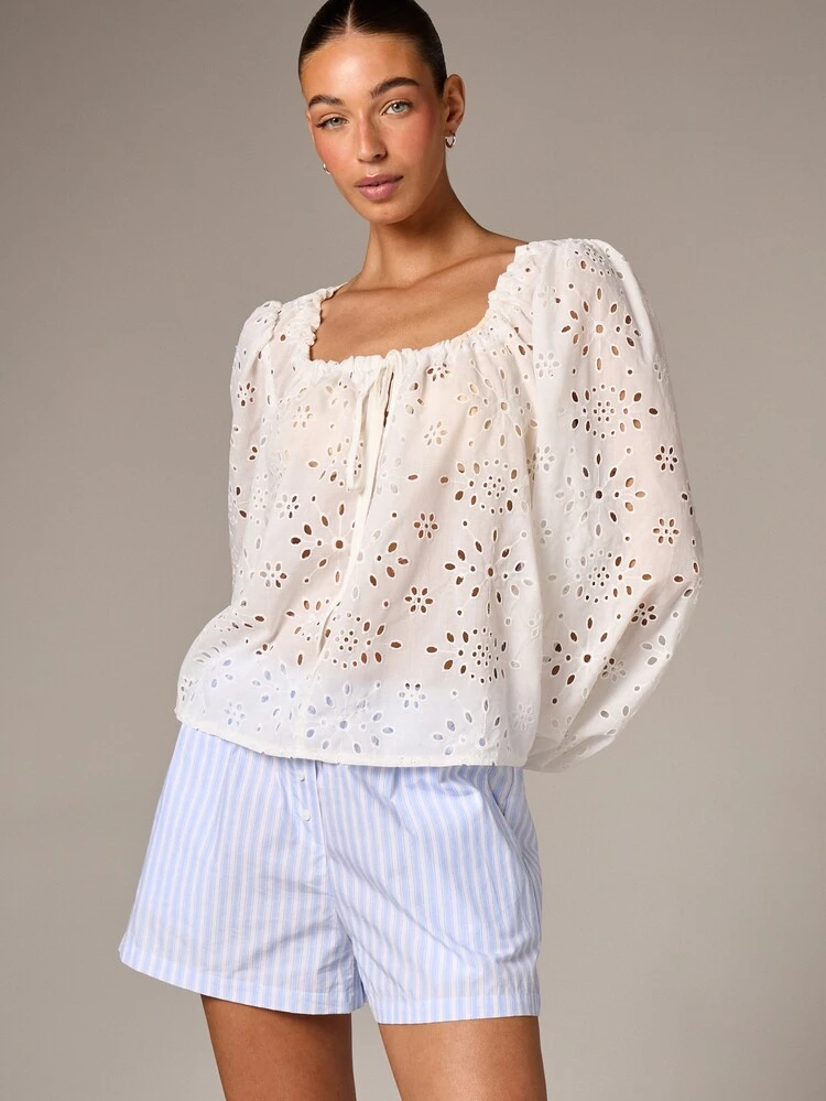 Square Neck Eyelet Blouse With Balloon Sleeves