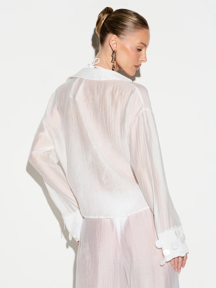 KIZN Sheer Beaded Button Front Cover Up With Polka Dots