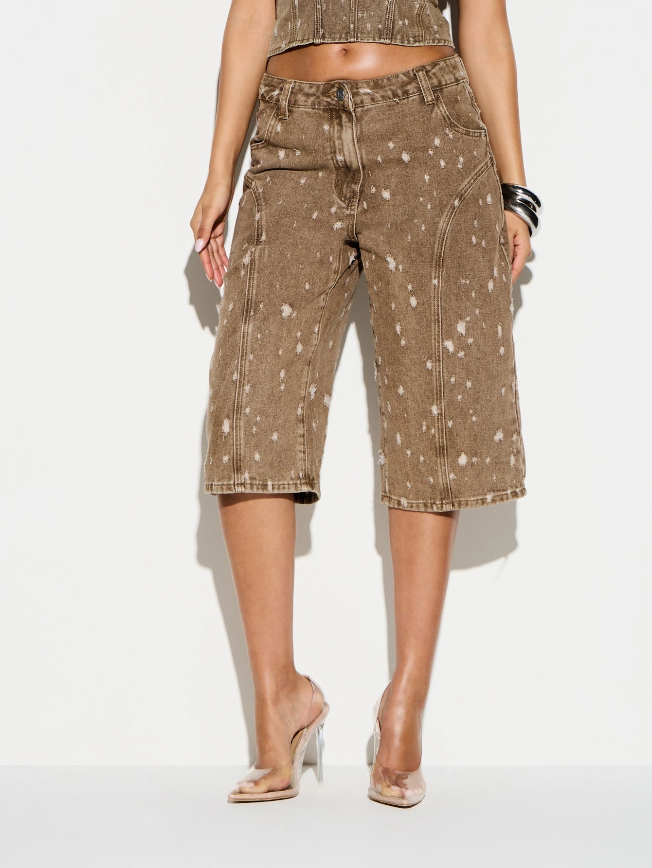 KIZN Distressed Denim Jorts With Paint Splatter