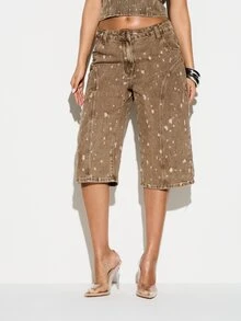 KIZN Bermudas de mezclilla desgastada con estampado de salpicaduras de pintura, cintura alta, pierna ancha, bolsillos cargo, detalles de costura, shorts casuales de verano de longitud a la rodilla - Albaricoque - Ver 1