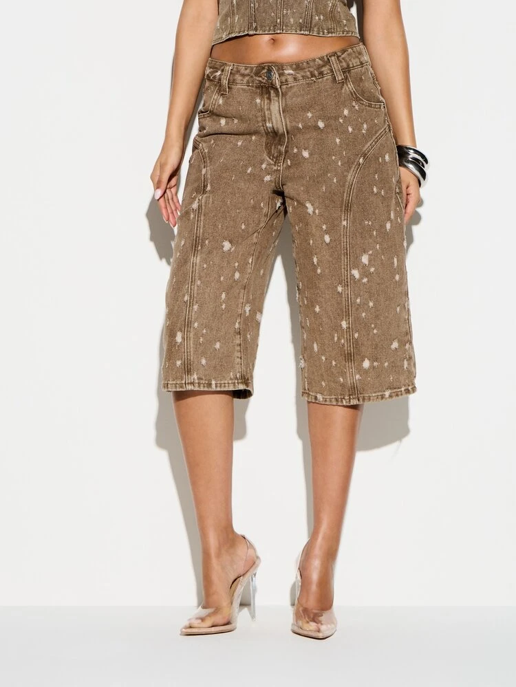 KIZN Distressed Denim Jorts With Paint Splatter