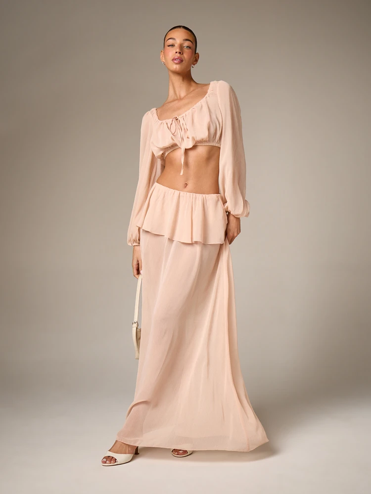 Ruffle Peplum Tiered Maxi Skirt With Flowing Design