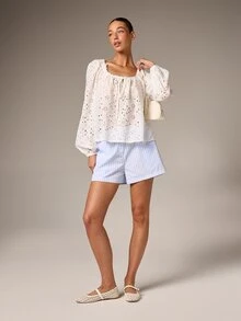 AiiRZ Blusa holgada de mujer con cuello cuadrado de ojal blanco, mangas globo largas y detalle de lazo delantero para primavera y verano - Blanco - Ver 4
