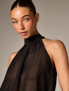 AiiRZ 高领露背无袖薄纱雪纺层叠荷叶边流苏长裙，适合晚宴派对场合 - 黑色 - 查看 5