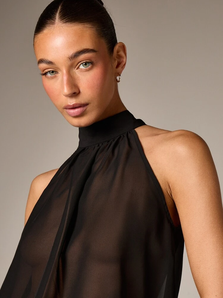 AiiRZ High Neck Halter Sleeveless Sheer Chiffon Tiered Ruffle Maxi Dress With Fringe Detail For Evening Party Occasions