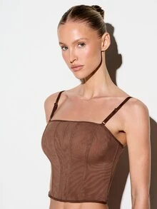 KIZN Women's Mesh Lingerie Corset Top With Matching Thong Intimate Set Structured Wire Support Adjustable Straps Sexy Two Piece - Brown - View 3
