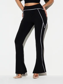 KIZN 高腰撞色滚边运动喇叭裤 - 黑色 - 查看 1