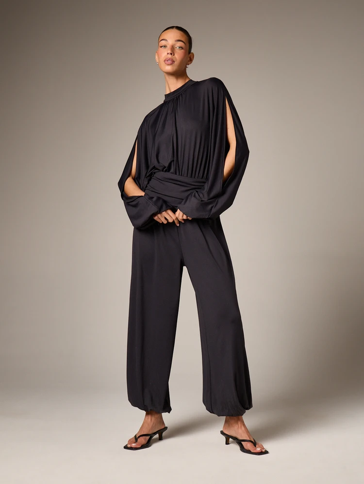 High Neck Balloon Sleeve Wide Leg Jumpsuit