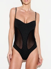 KIZN Studded Mesh Bodysuit With Sweetheart Neckline And Sheer Side Panels For Date Night And Party Occasions - Black - View 1