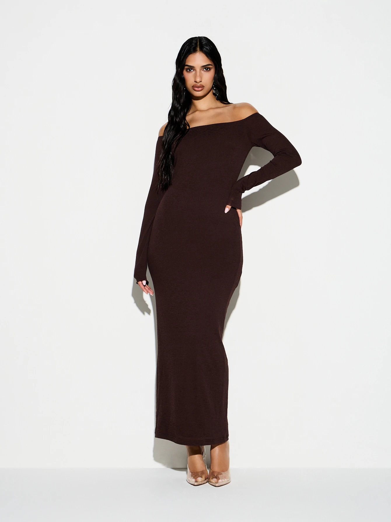 KIZN Off Shoulder Bodycon Ribbed Maxi Dress