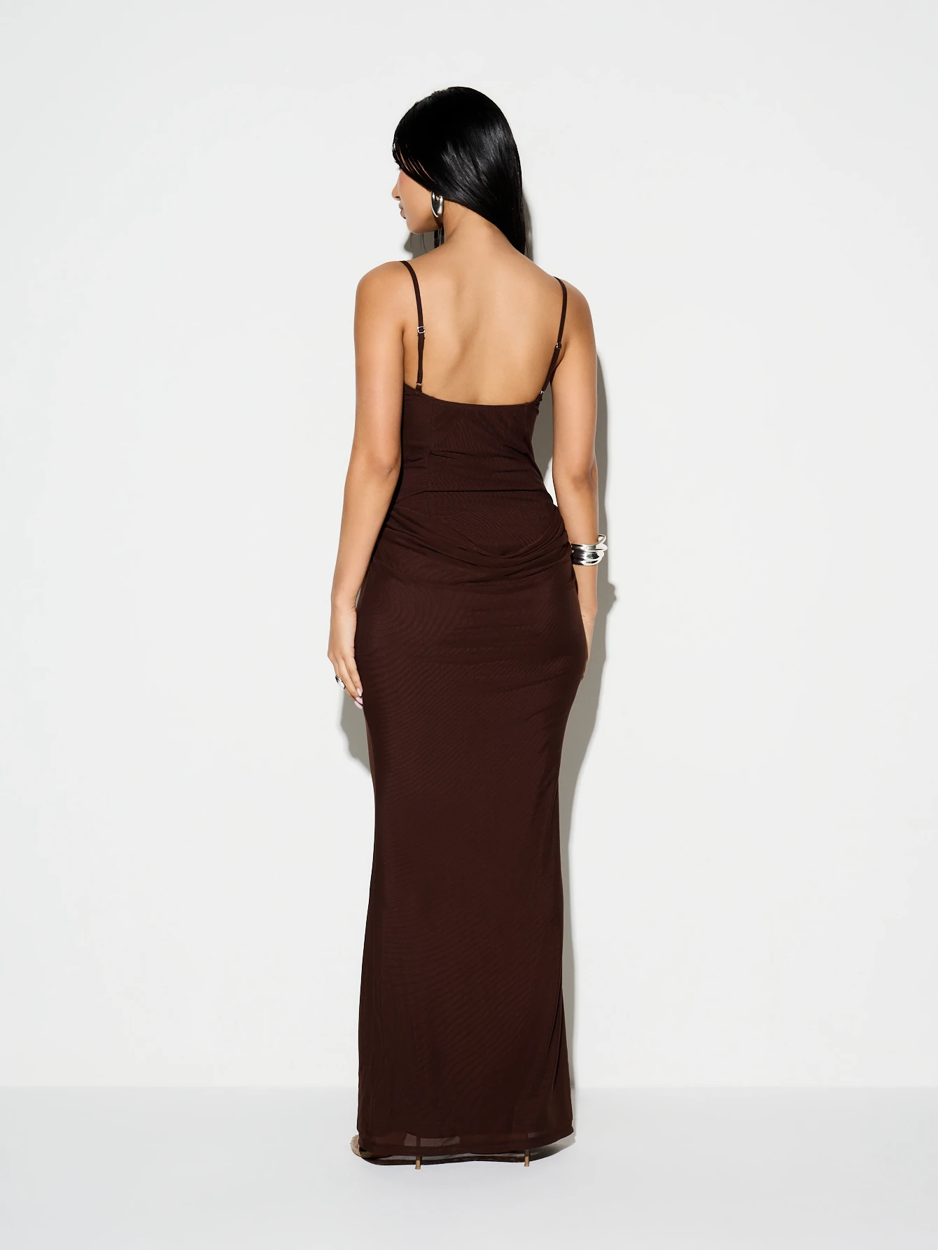KIZN Brown Mesh Ruched Bodycon Maxi Dress