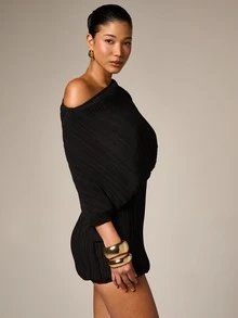 AiiRZ 女士黑色褶皱不对称露肩迷你连衣裙 长袖修身派对晚宴外出垂褶正式礼服 - 黑色 - 查看 4