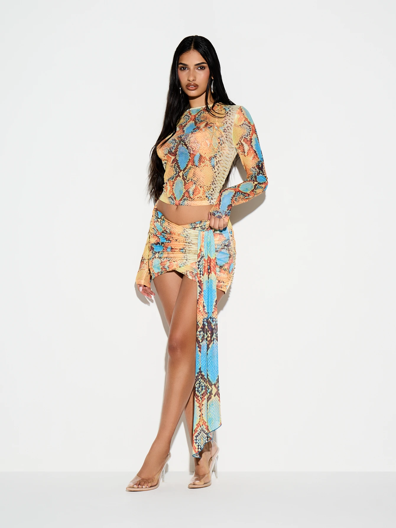 KIZN Snake Print Mesh Mini Skirt With Tie Detail