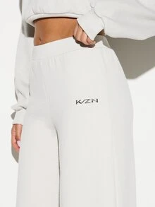KIZN 女士舒适阔腿休闲慢跑裤，高腰设计，宽松阔腿裤型，居家休闲裤 - 灰色 - 查看 4