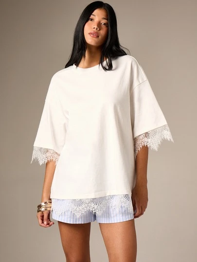 AiiRZ Áo thun nữ dáng rộng viền ren, tay ngắn, cổ tròn, chất liệu cotton, kiểu dáng thoải mái, màu trắng, thích hợp mặc mùa hè.