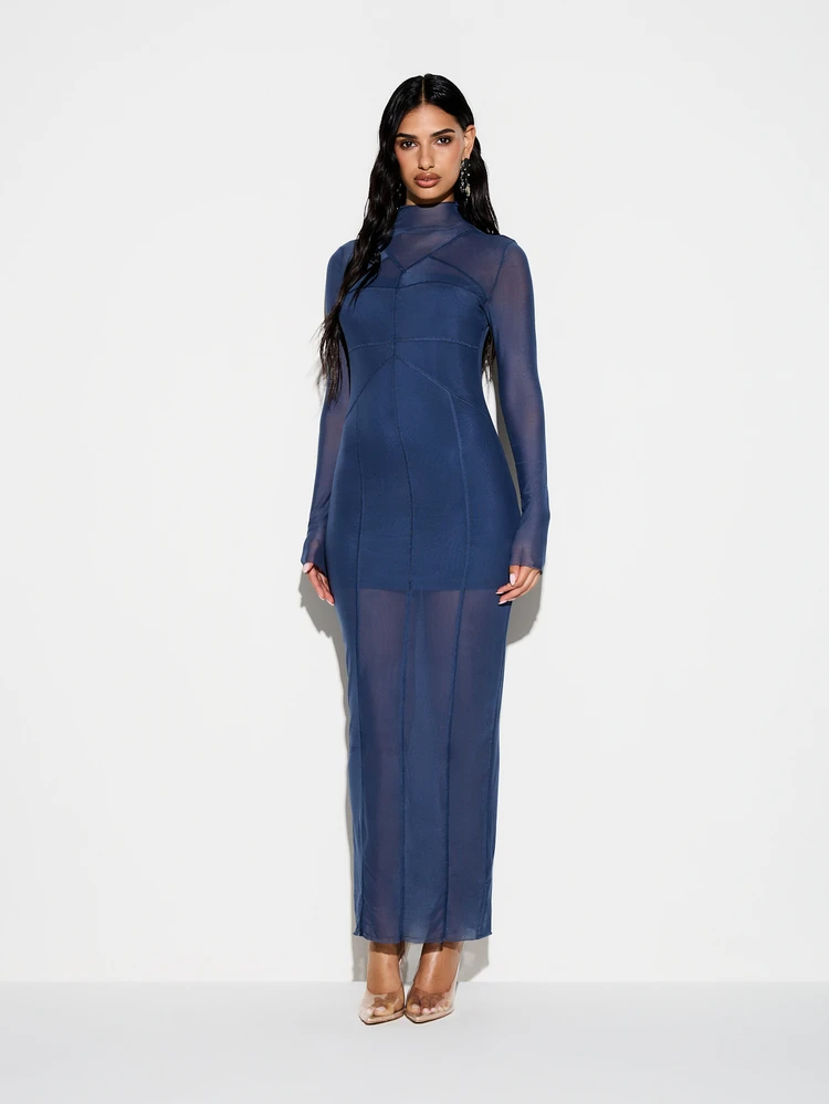 KIZN Navy Mesh Bodycon Maxi Dress With Seam Detail