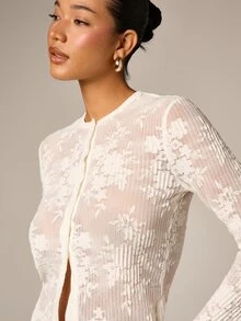 AiiRZ Women's White Ribbed Lace Button Down Long Sleeve Crochet Textured Cardigan Top Winter Fall - Apricot - View 5