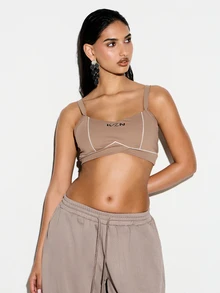 CONTRAST PIPING KIZN WRAP SPORTS BRA - Brown - View 1