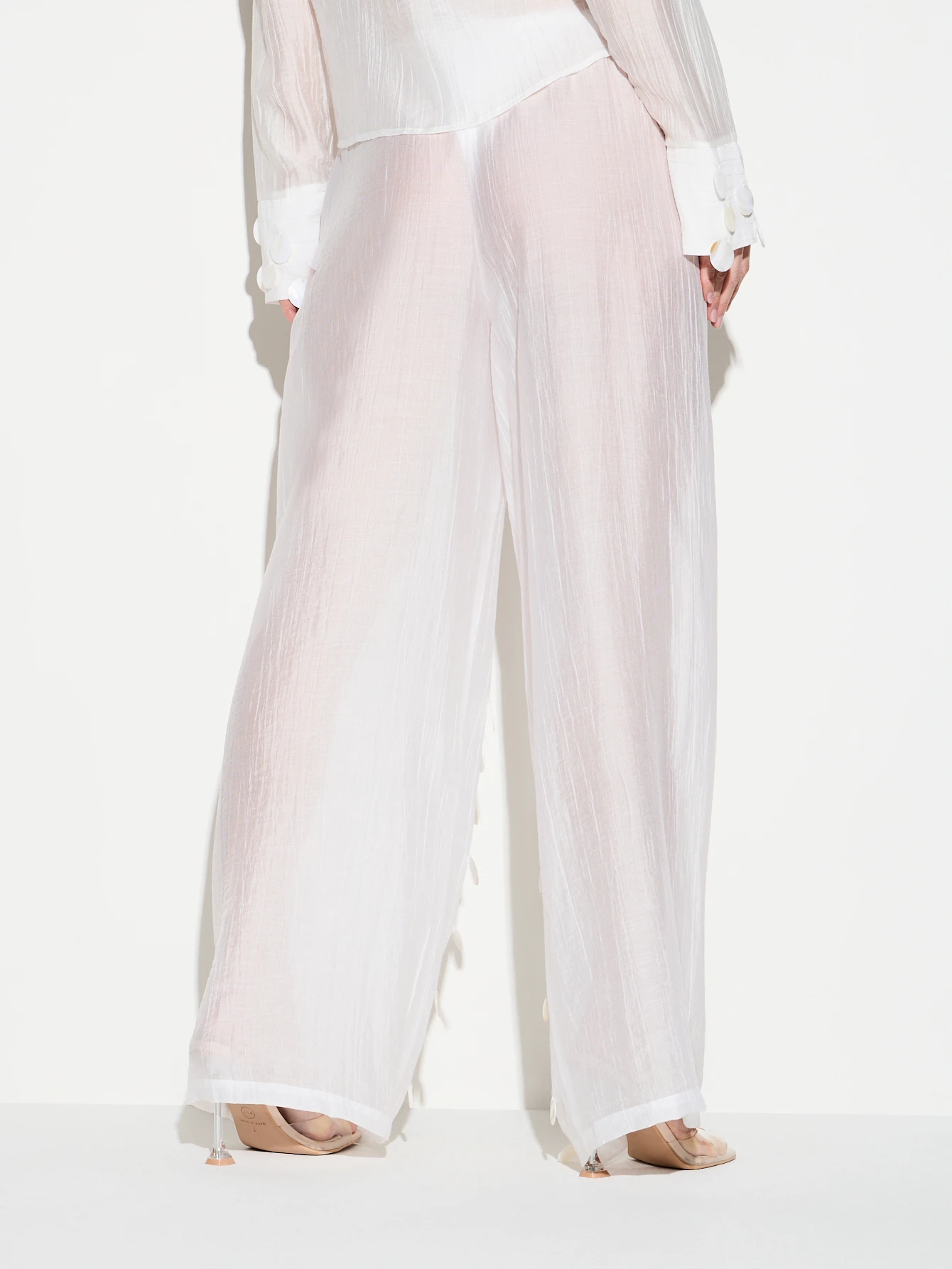 KIZN White Sheer Beaded Palazzo Pants With Pearls