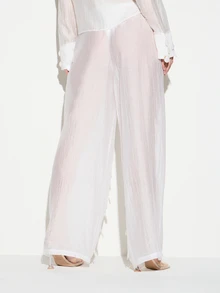 KIZN Women's White Beaded Beach Palazzo Pants With Sheer Fabric And Scattered Pearl Embellishments For Summer Vacation Resort Wear - White - View 2