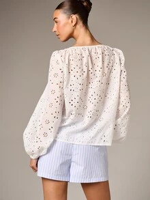 AiiRZ Blusa holgada de mujer con cuello cuadrado de ojal blanco, mangas globo largas y detalle de lazo delantero para primavera y verano - Blanco - Ver 3