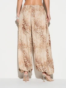 KIZN Women's Leopard Print Chiffon Palazzo Wide Leg Balloon Trousers Flowing Elastic Waist Summer Beach Vacation Pants - Apricot - View 2