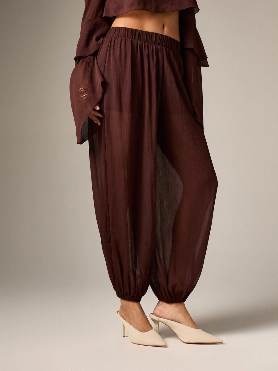 AiiRZ Women's Flowing Chiffon Balloon Trouser High Rise Wide Leg Palazzo Pants Elastic Waist Floaty Summer Casual Pants Bohemian Style - Brown - View 1