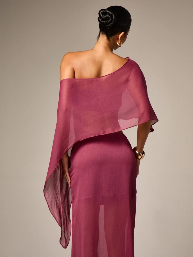 Off-Shoulder Sheer Draped Blouse With Cape Detail