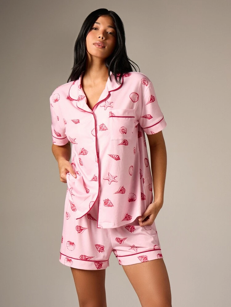 Seashell Print Pajama Set With Button Up Top And Shorts