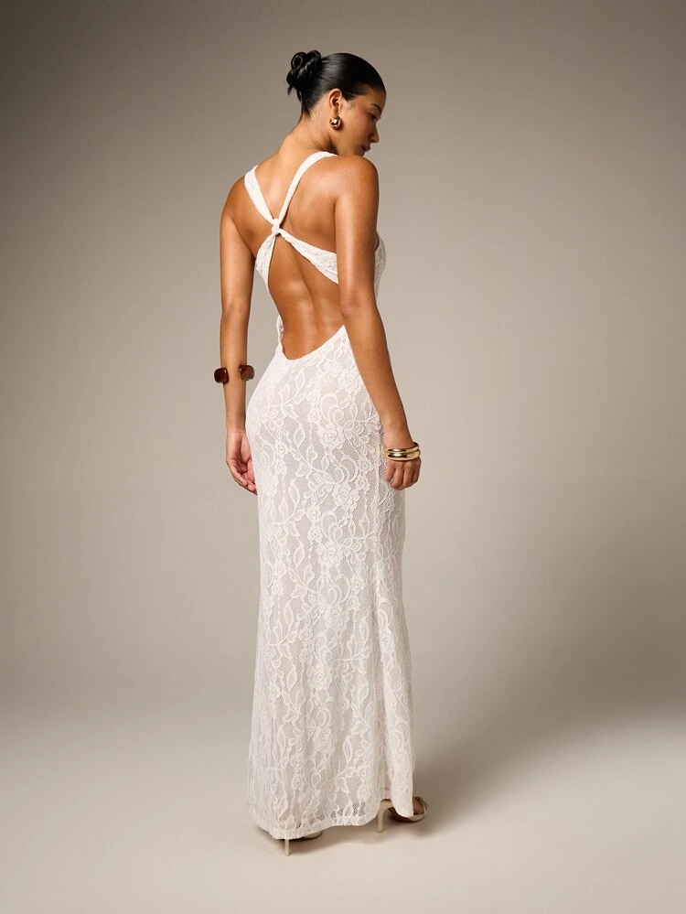 White Lace Sleeveless Maxi Dress With Twist Back