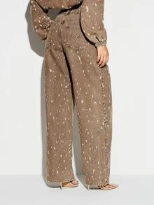 KIZN Women's High Rise Wide Leg Distressed Denim Jeans With Paint Splatter Print And Straight Hem - Brown - View 2