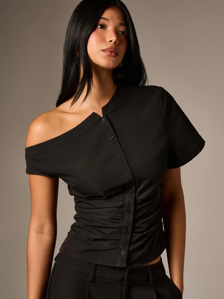 Asymmetric Off Shoulder Button Front Blouse