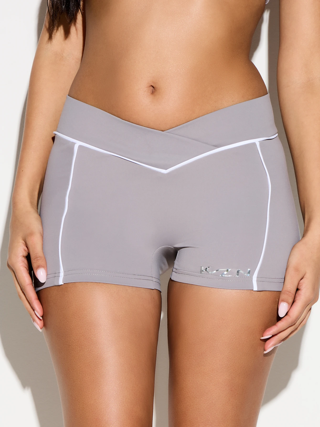 KIZN Grey High Waisted Shorts With Contrast Piping