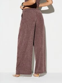 KIZN Women High Rise Textured Wide Leg Palazzo Trousers With Side Pockets Flowing Fall Winter Casual Pants - Brown - View 2