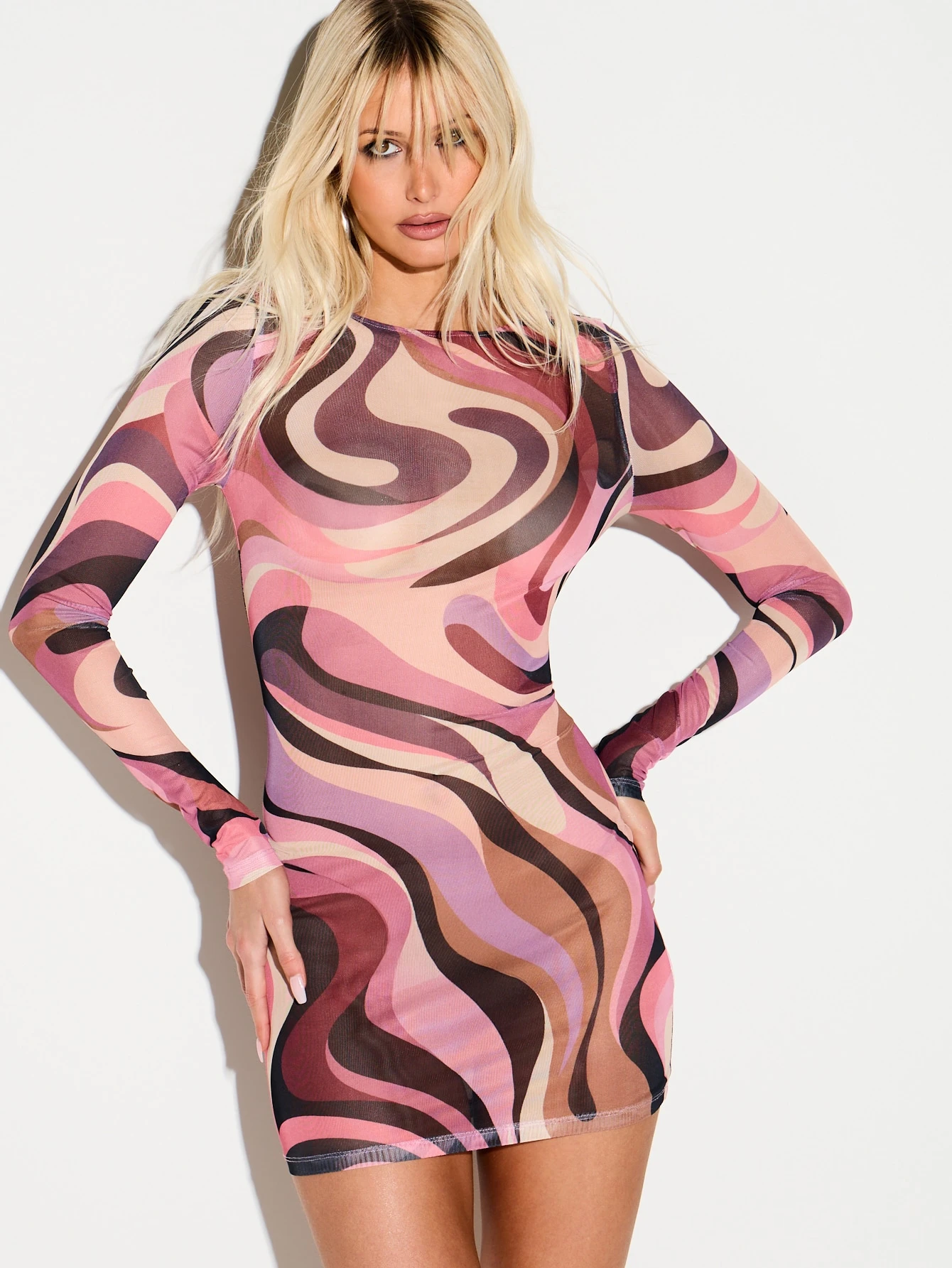 KIZN Swirl Print Mesh Mini Bodycon Dress With Matching Headscarf