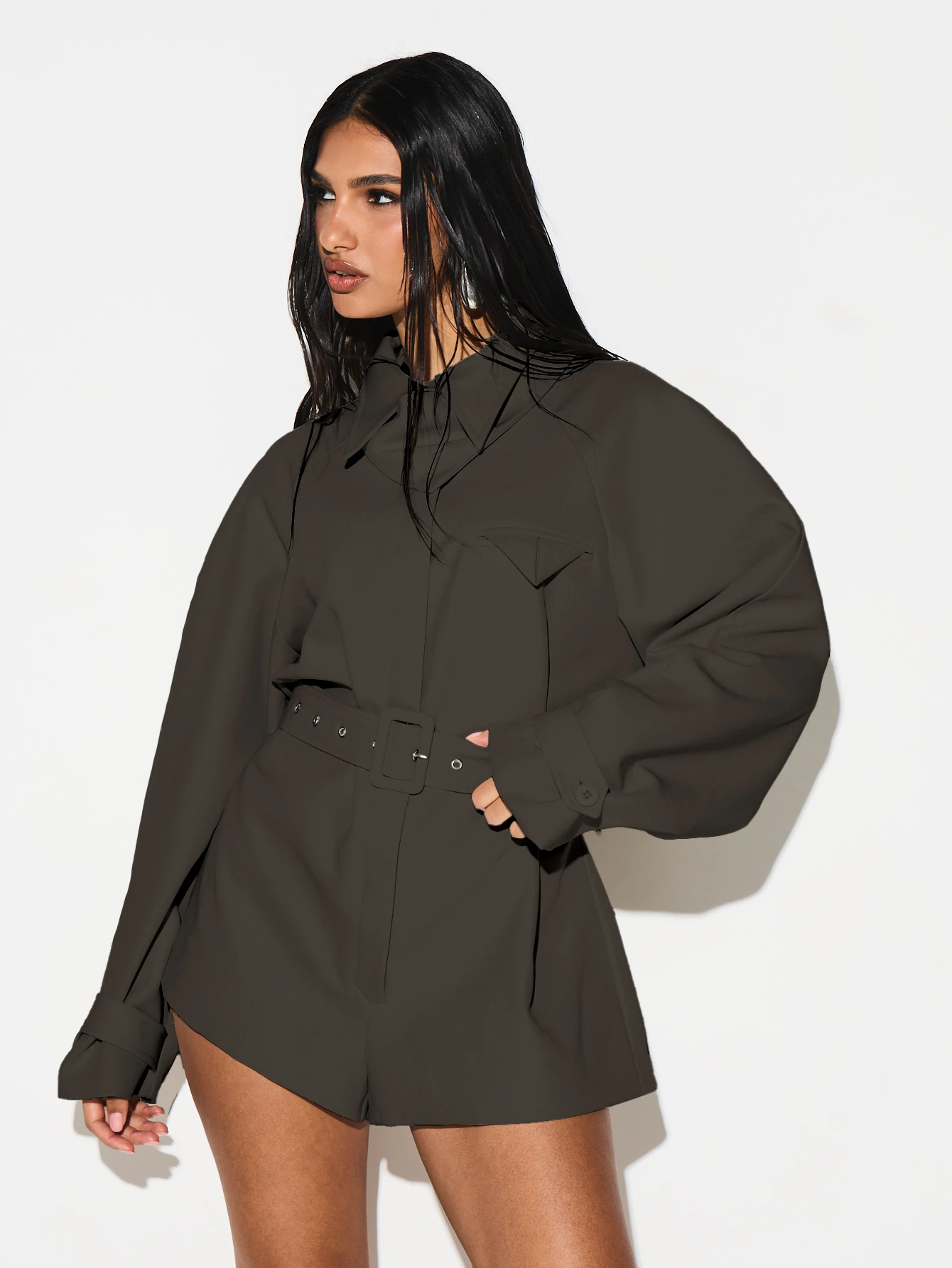 KIZN Belted Shirt Playsuit With Neck Tie