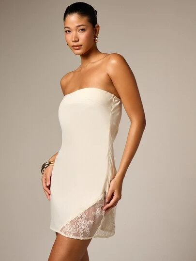 AiiRZ Womens Cream Strapless Bandeau Mini Dress With Delicate Lace Hem Detail Perfect For Date Night Party Summer Events