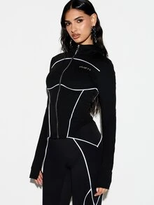 KIZN Hooded Contrast Piping Zip Jacket - Black - View 5