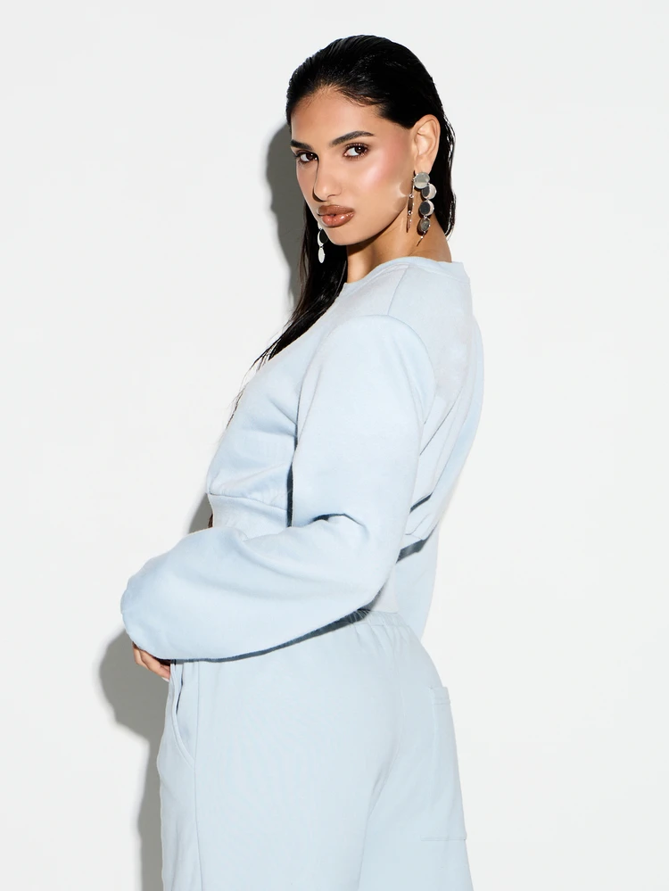 KIZN Light Blue Shoulder Pad Cinched Waist Sweatshirt