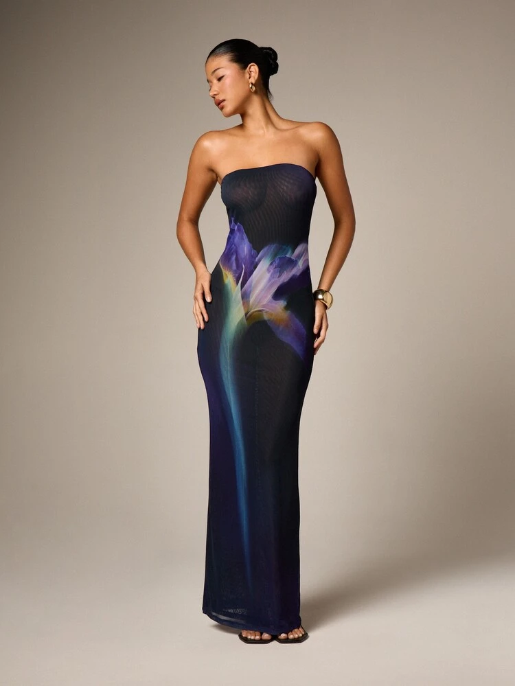 AiiRZ Strapless Mesh Floral Print Maxi Dress